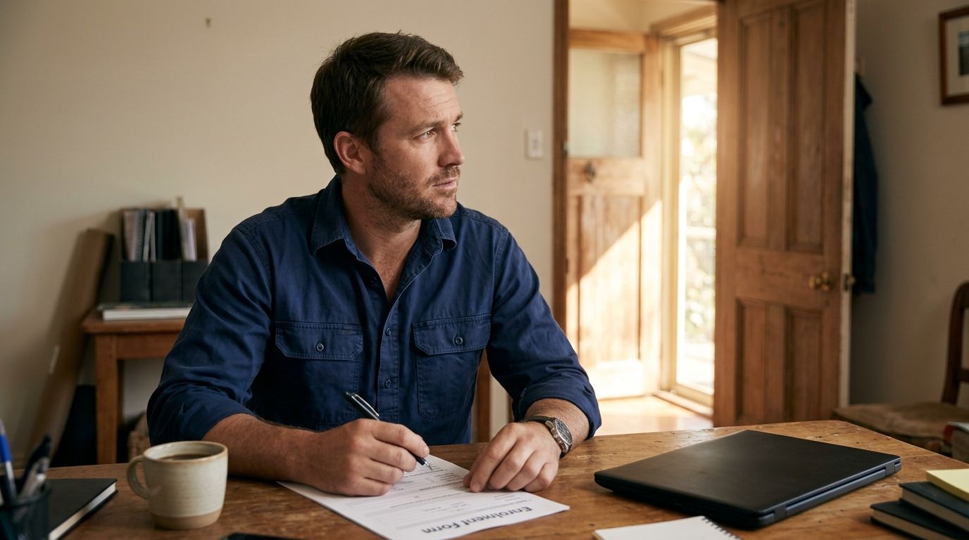A focused professional at a desk looking towards an open door, symbolizing pathways to RPL qualification recognition.
