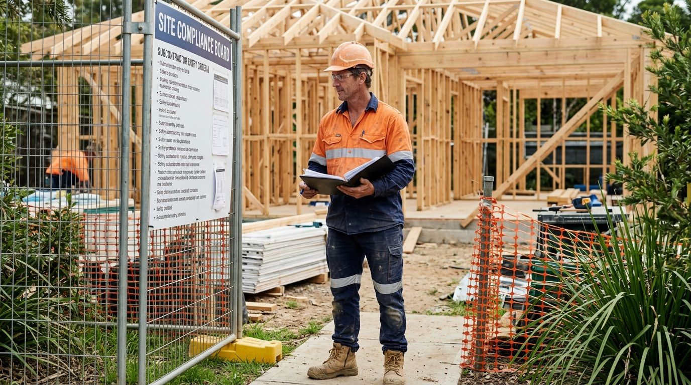 Experienced carpenter reviewing site compliance requirements on a residential construction site