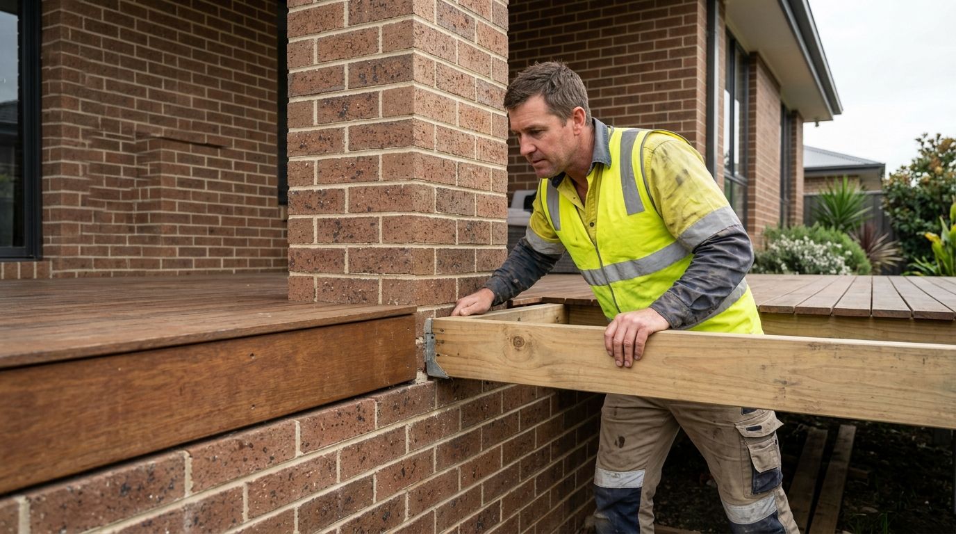 Experienced Australian tradesperson inspecting a residential brick building exterior, assessing structural junctions.