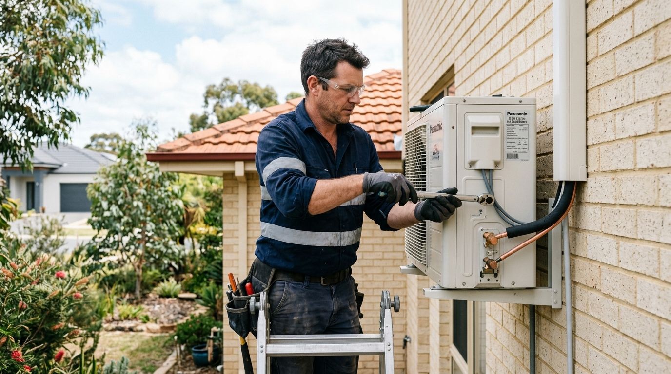 Australian technician installing an outdoor split system air conditioning unit on a residential brick wall.