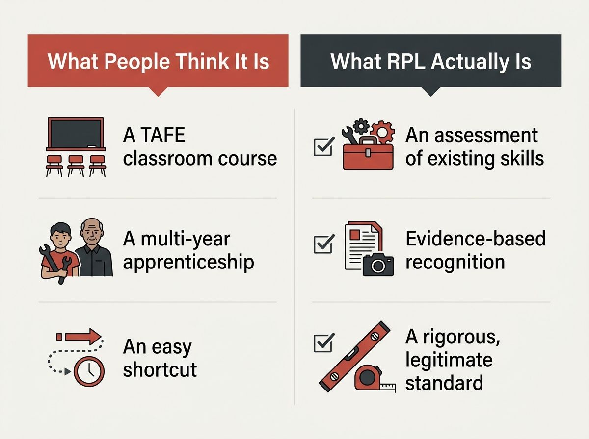 Comparison table displaying common misconceptions about bricklaying RPL versus the real assessment process.
