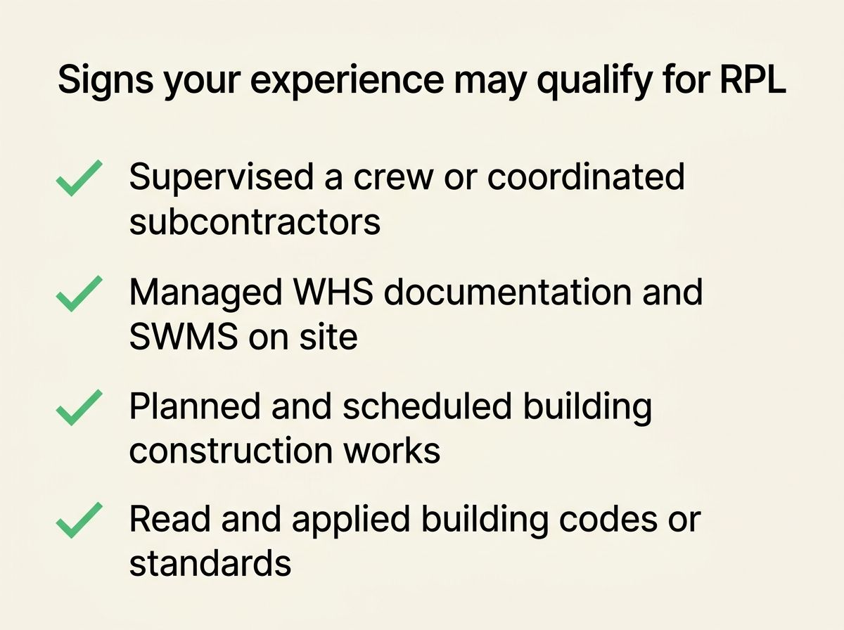 Checklist of typical on-site supervision experience indicators for CPC40120 RPL suitability.