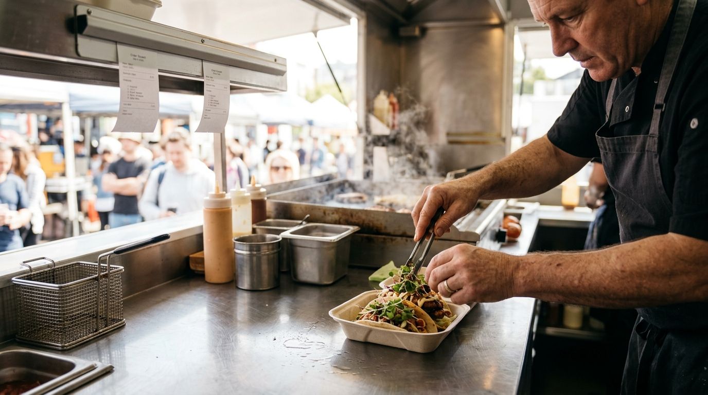 A food truck operator carefully plating a dish in a busy mobile commercial kitchen during service.