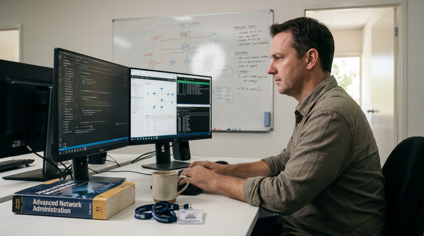 Experienced Australian IT professional at a realistic workstation with technical monitors and diagrams