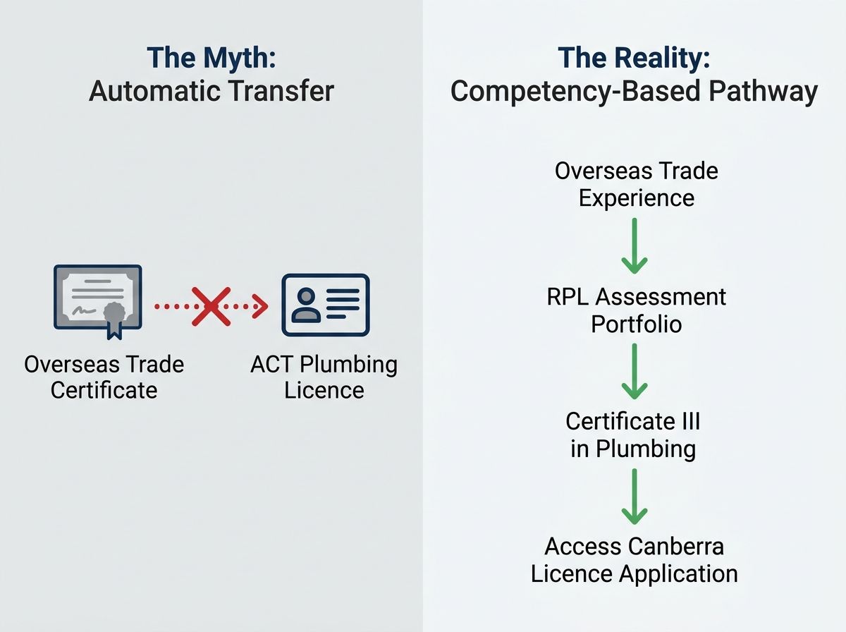 Infographic comparing the incorrect myth of automatic transfer with the actual ACT plumbing RPL licensing pathway