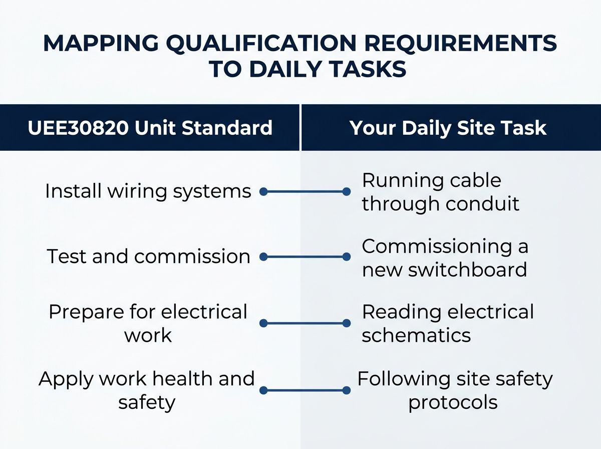 Infographic mapping UEE30820 units to daily electrical site tasks for RPL