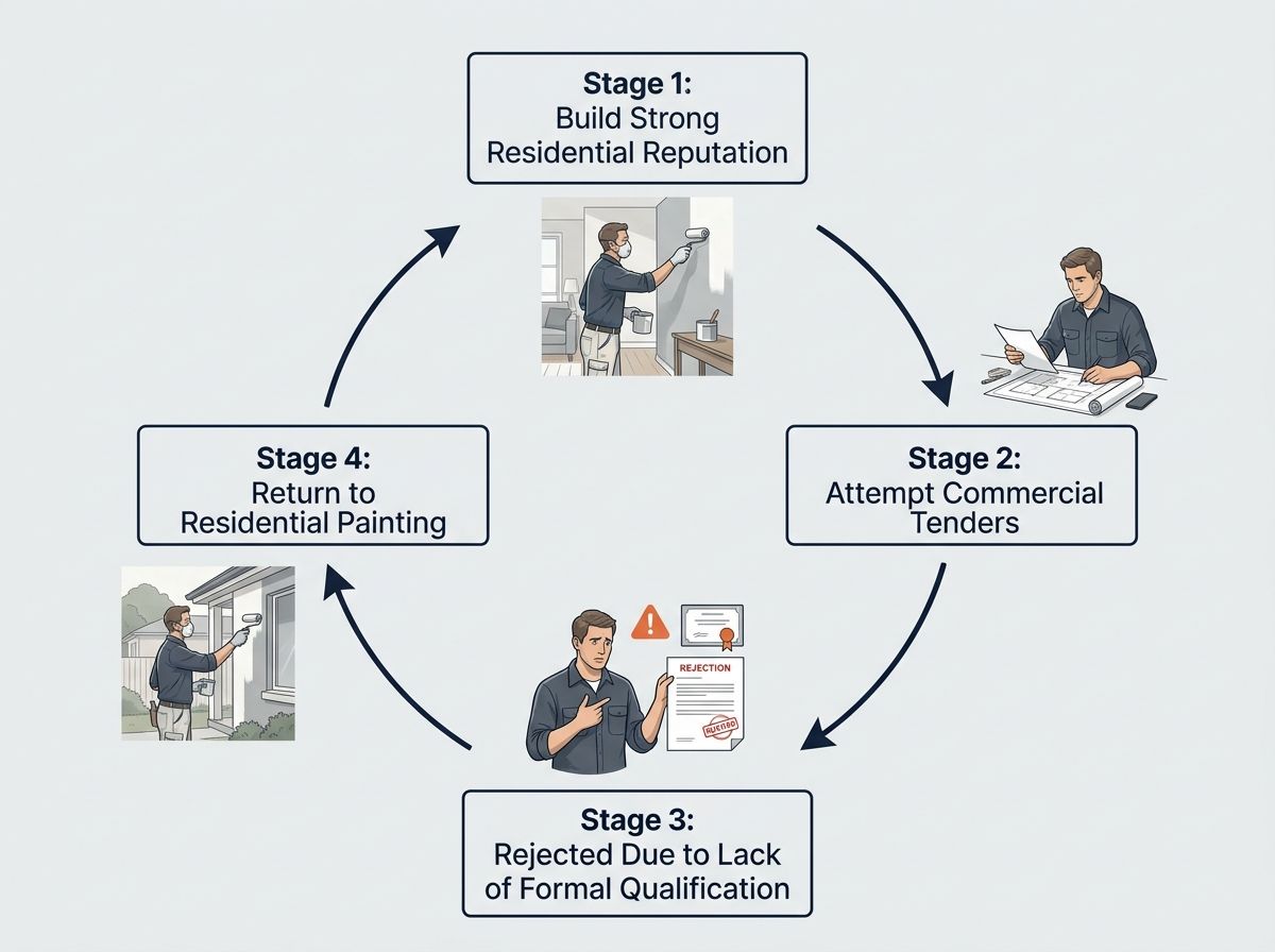 Four-stage commercial exclusion cycle diagram for unqualified painters