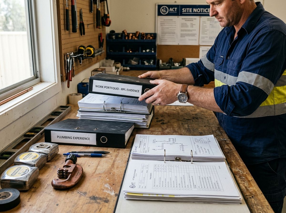Plumbing work logs and documentation folders on a workbench for RPL license application evidence