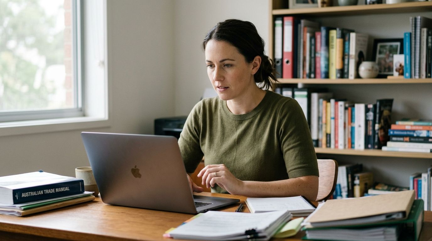 An Australian professional looking at her laptop in a home office, discovering the USI requirement.