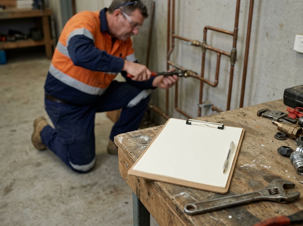 Plumber working near an empty clipboard, showing the gap between hands-on skill and formal paperwork.