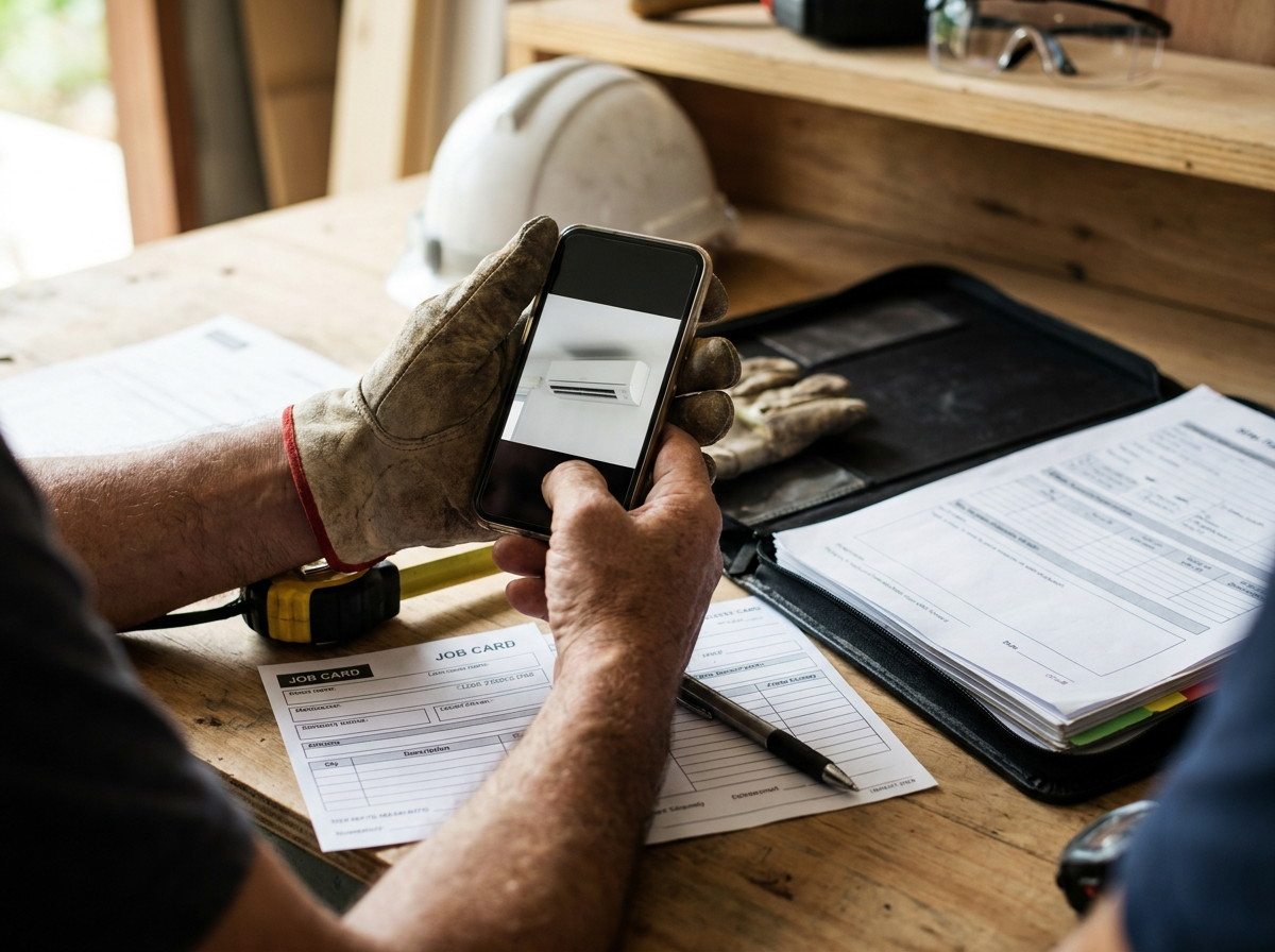 Tradesperson holding a phone showing installation photos next to work records on a workbench.