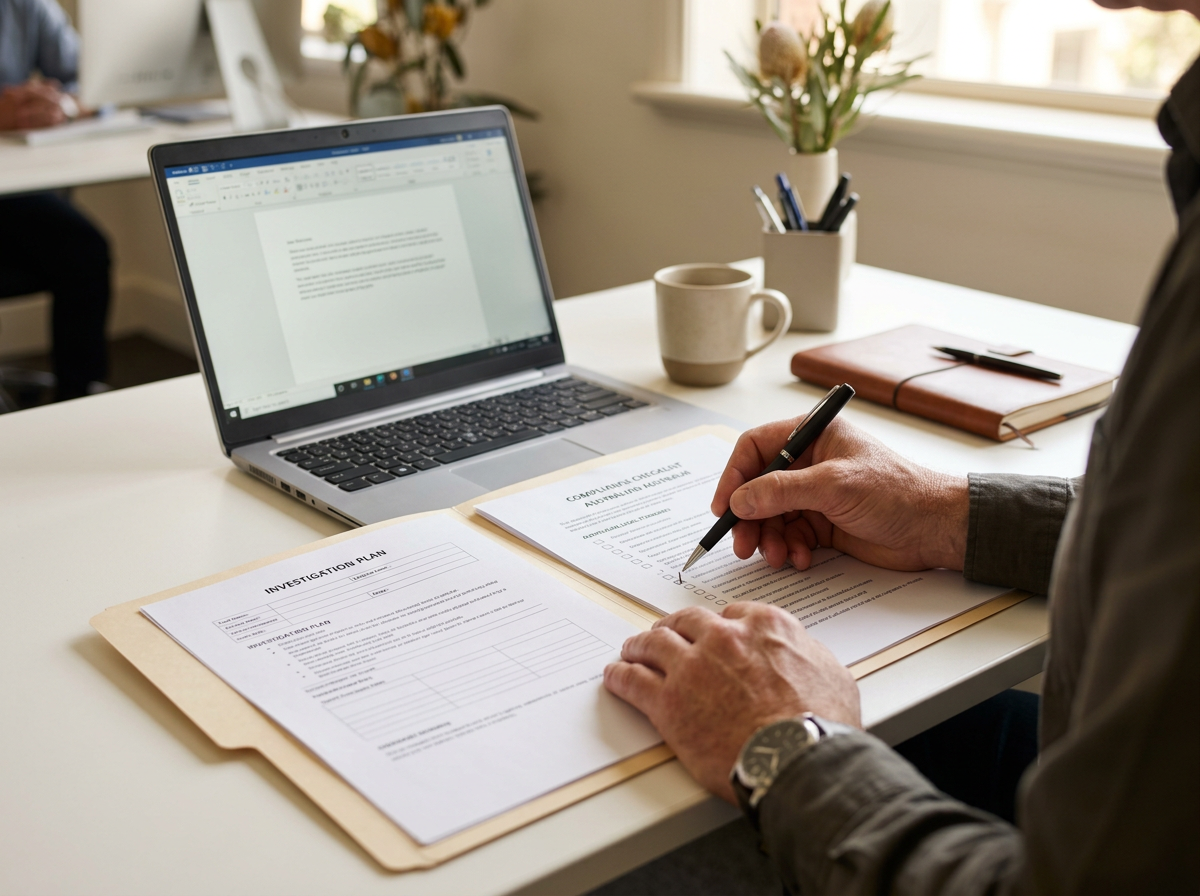 An open compliance checklist and investigation plan folder on a modern Australian office desk.