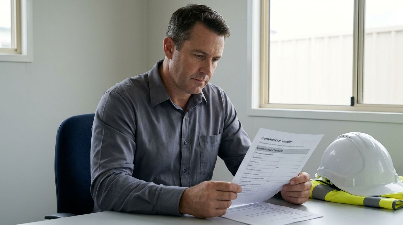 Electrical contractor reviewing tender compliance checklist at a site office desk