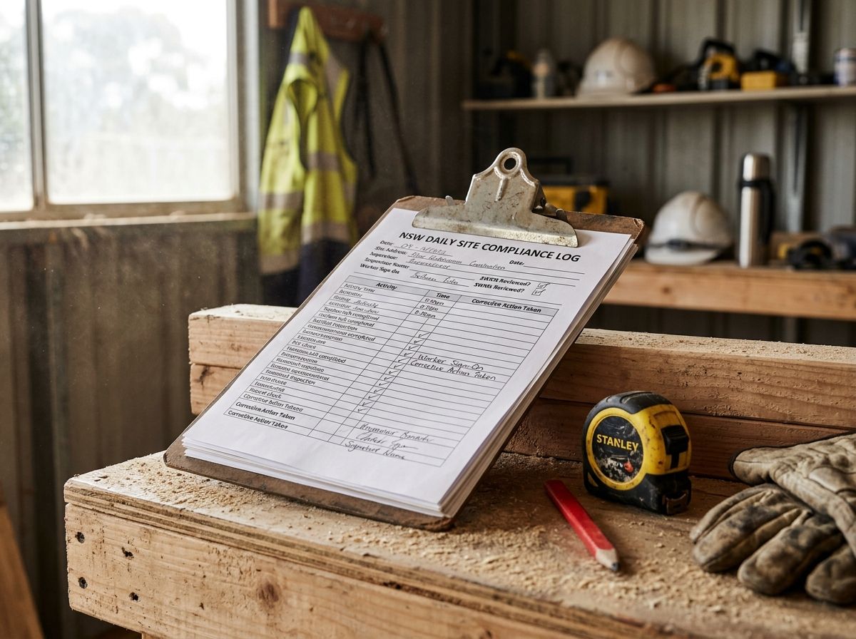 Close-up of a construction compliance log book and tools on an Australian site workbench