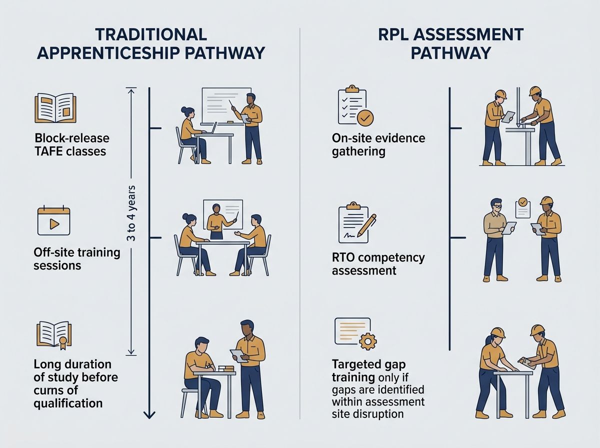 Diagram comparing the traditional 4-year apprenticeship timeline with the on-site RPL assessment process.