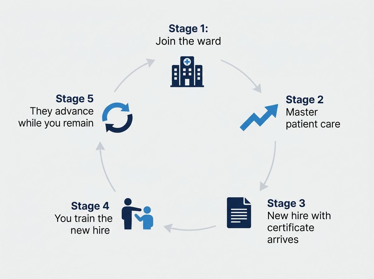 Five-stage cycle diagram showing how experienced health services assistants train others but remain uncredentialed.
