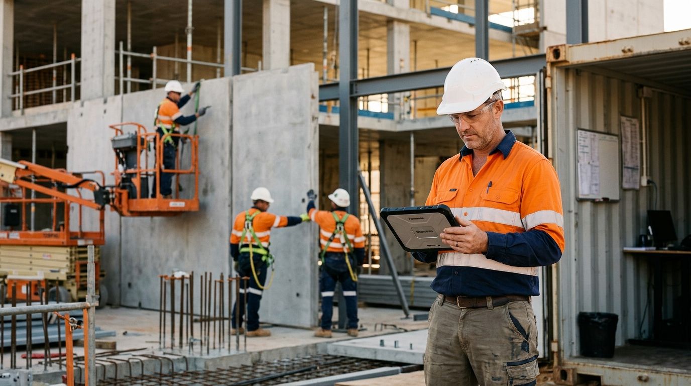 A WA construction site manager verifying subcontractor compliance documents on a tablet.