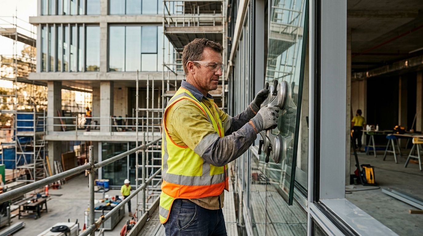 Experienced glazier installing a large glass panel on a commercial construction site in Australia