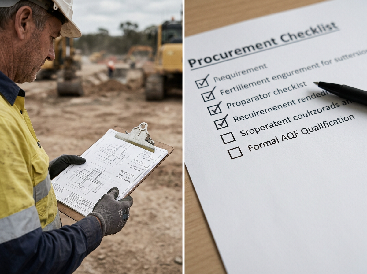 Split visual comparing real on-site engineering competence with an empty qualification checkbox on a tender form