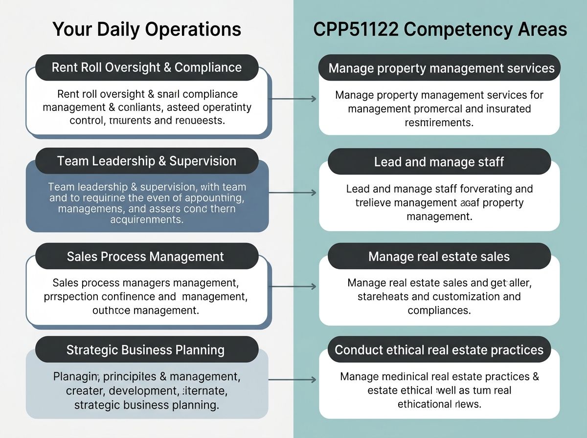 Two-column comparison mapping real estate experience to CPP51122 competency areas for RPL assessment