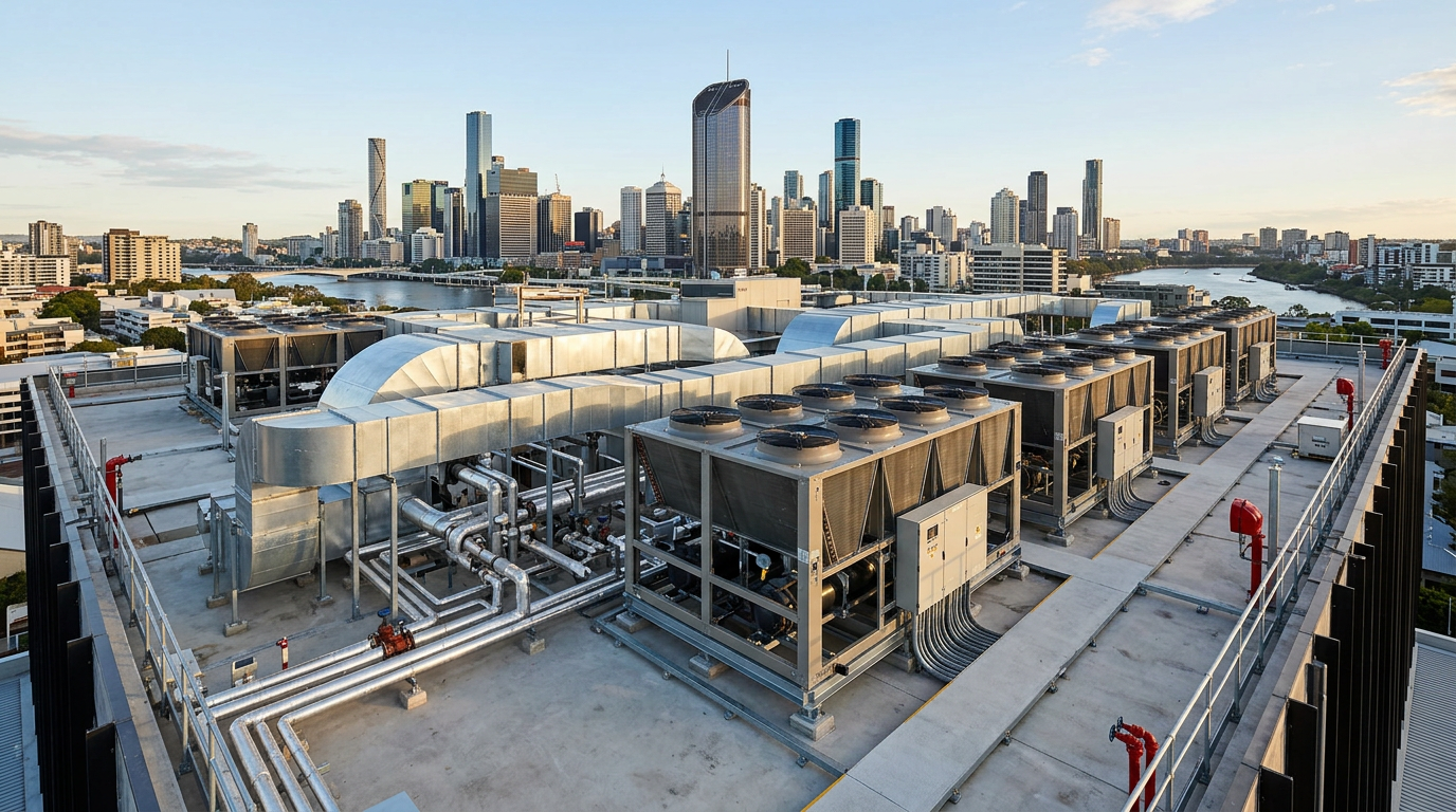 Commercial HVAC system on the rooftop of a Queensland commercial building.