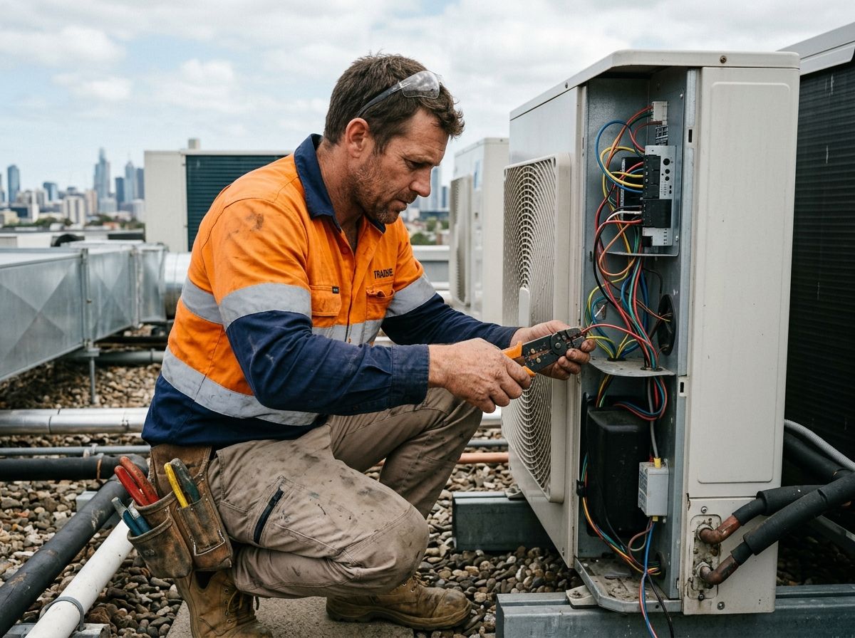 An experienced HVAC technician working on a commercial condenser unit, demonstrating hands-on competence.