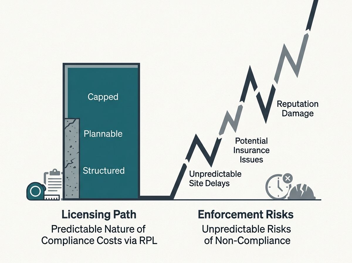 Visual comparison of predictable licensing costs versus unpredictable enforcement and site shutdown risks.