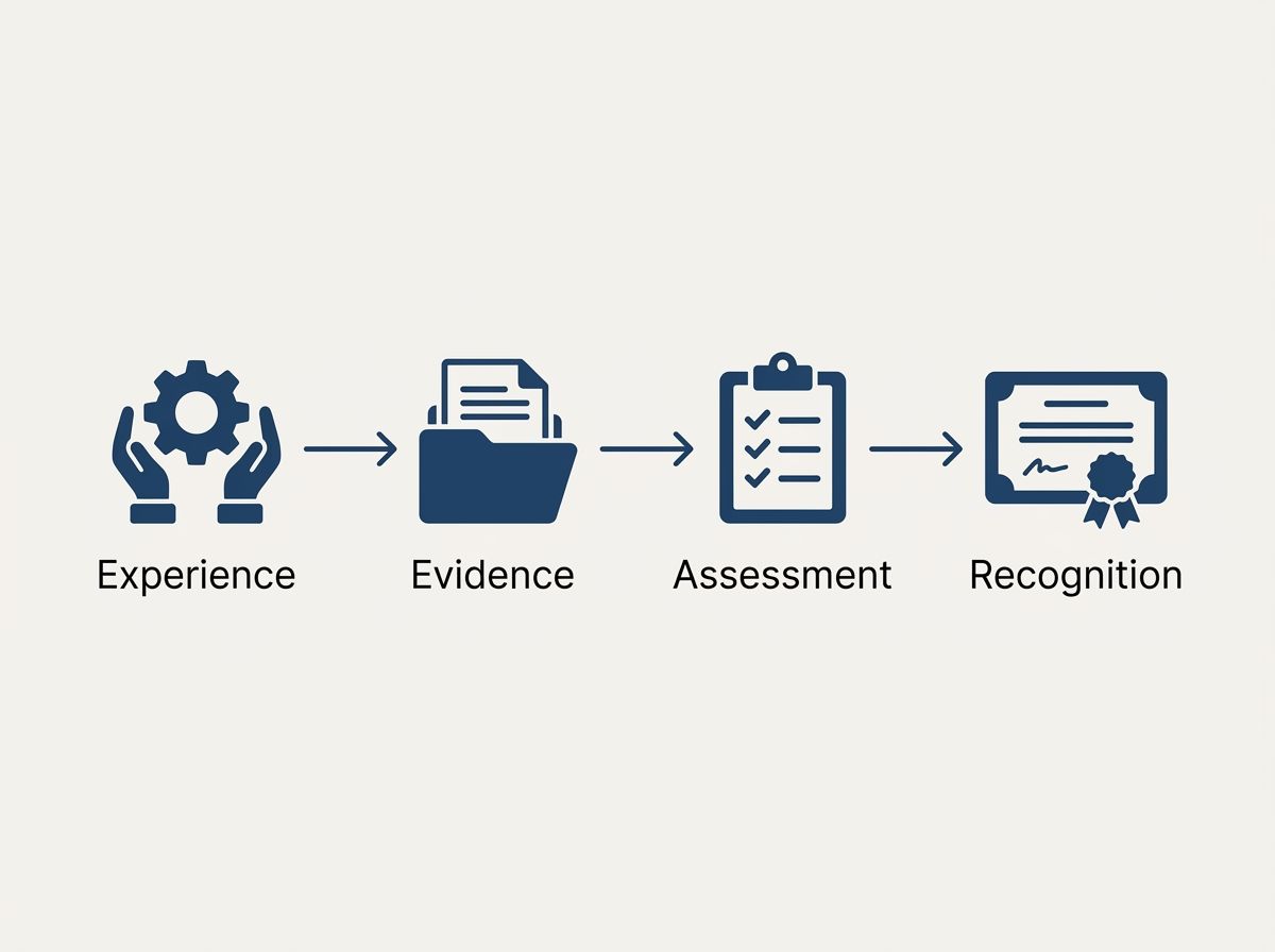 A clean 4-step diagram showing the formal RPL process: Experience, Evidence, Assessment, and Recognition.
