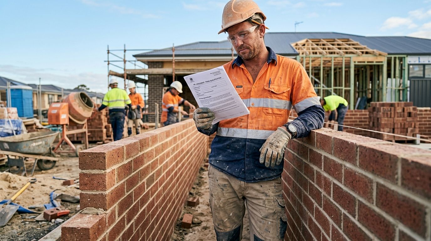 Experienced Australian bricklayer holding a qualification document on an active job site.