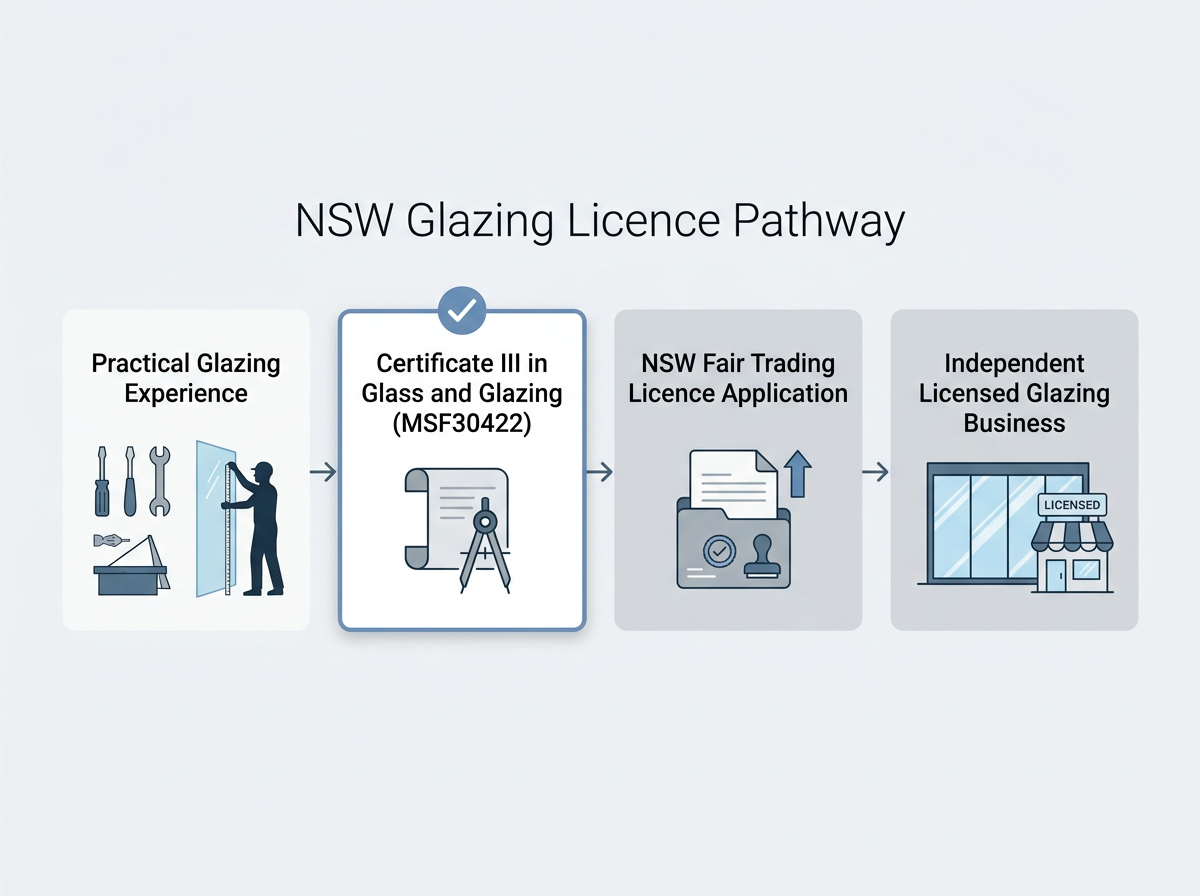Flow diagram showing the NSW glazing contractor licence pathway with the Certificate III as the required gate.