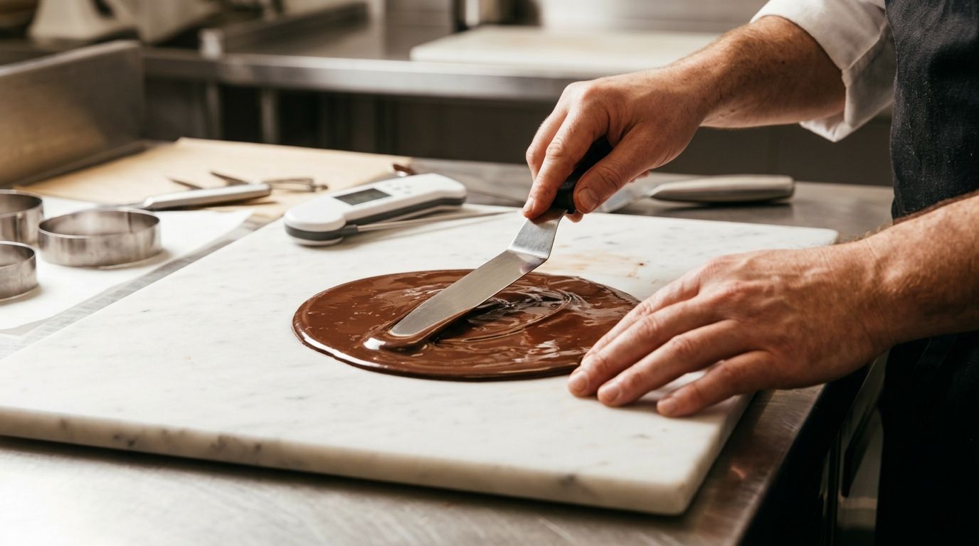 Close-up of a professional pastry chef tempering chocolate on a marble slab in a commercial kitchen.
