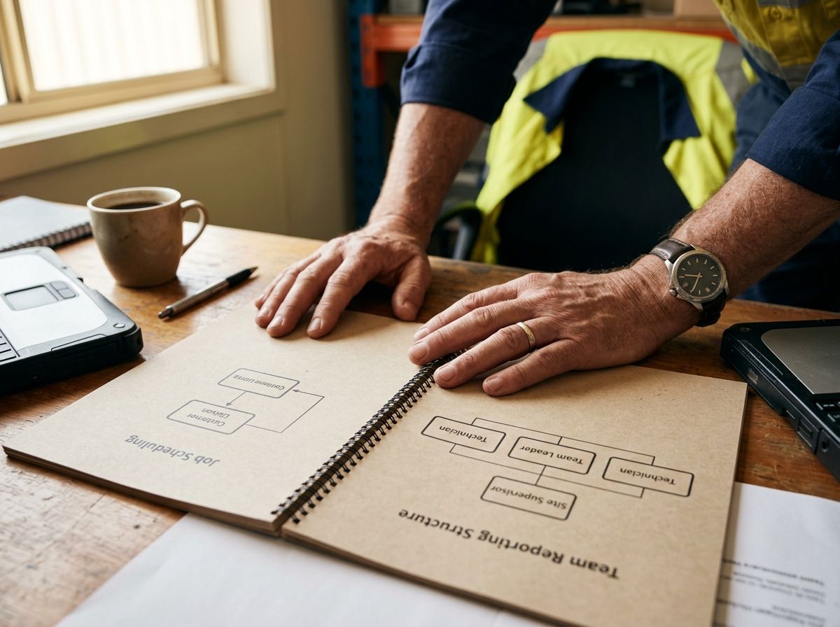 Close-up of experienced hands on a basic business training workbook, symbolizing unrecognised workplace expertise.