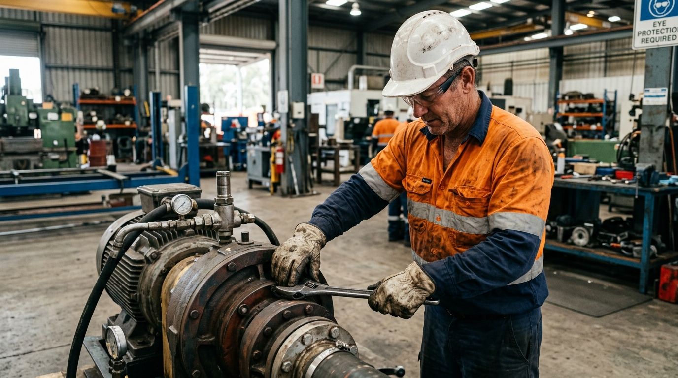 Experienced Australian mechanical fitter working on industrial machinery, demonstrating trade skills for MEM30219 RPL.