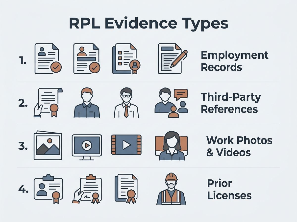 Visual checklist of acceptable RPL evidence types for Cert III Bricklaying and Blocklaying.