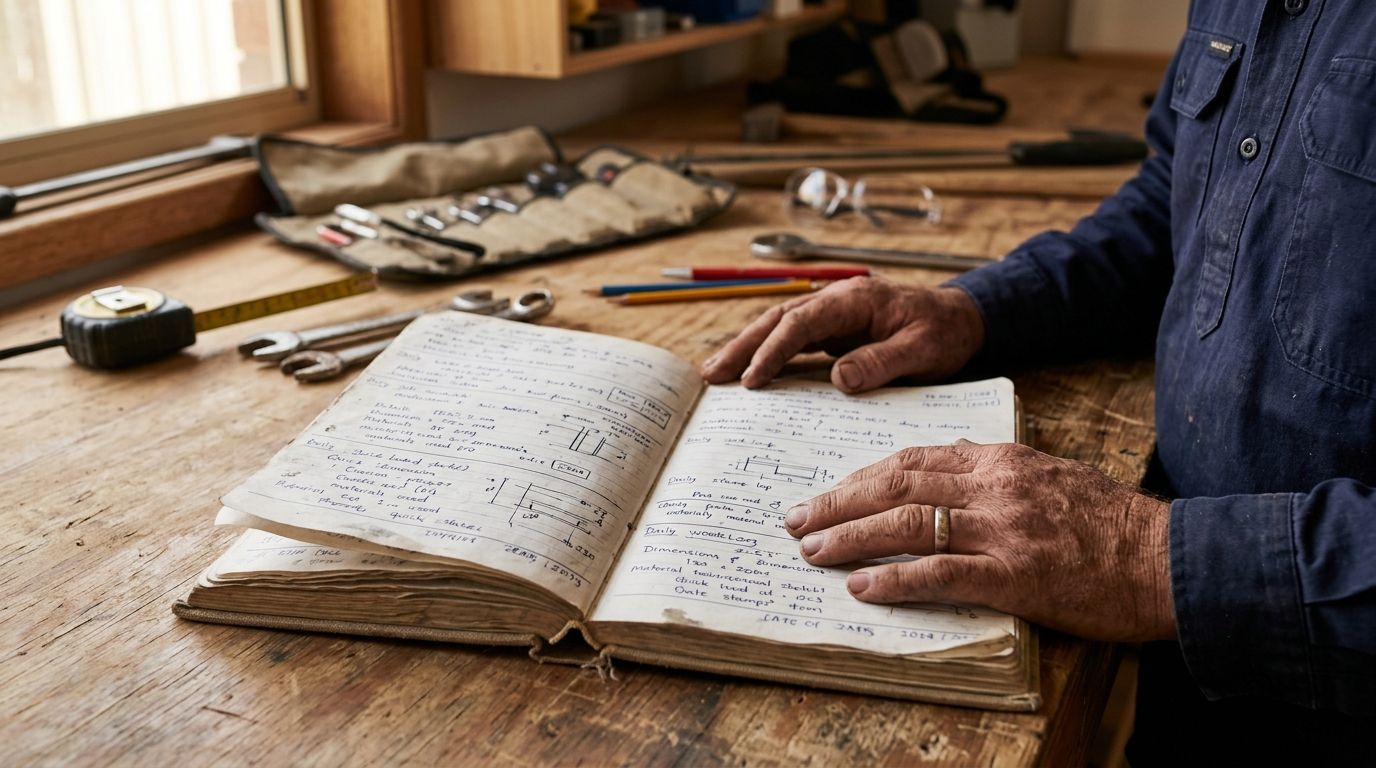 Australian tradesperson's hands holding an open, handwritten site diary on a workbench as evidence for RPL