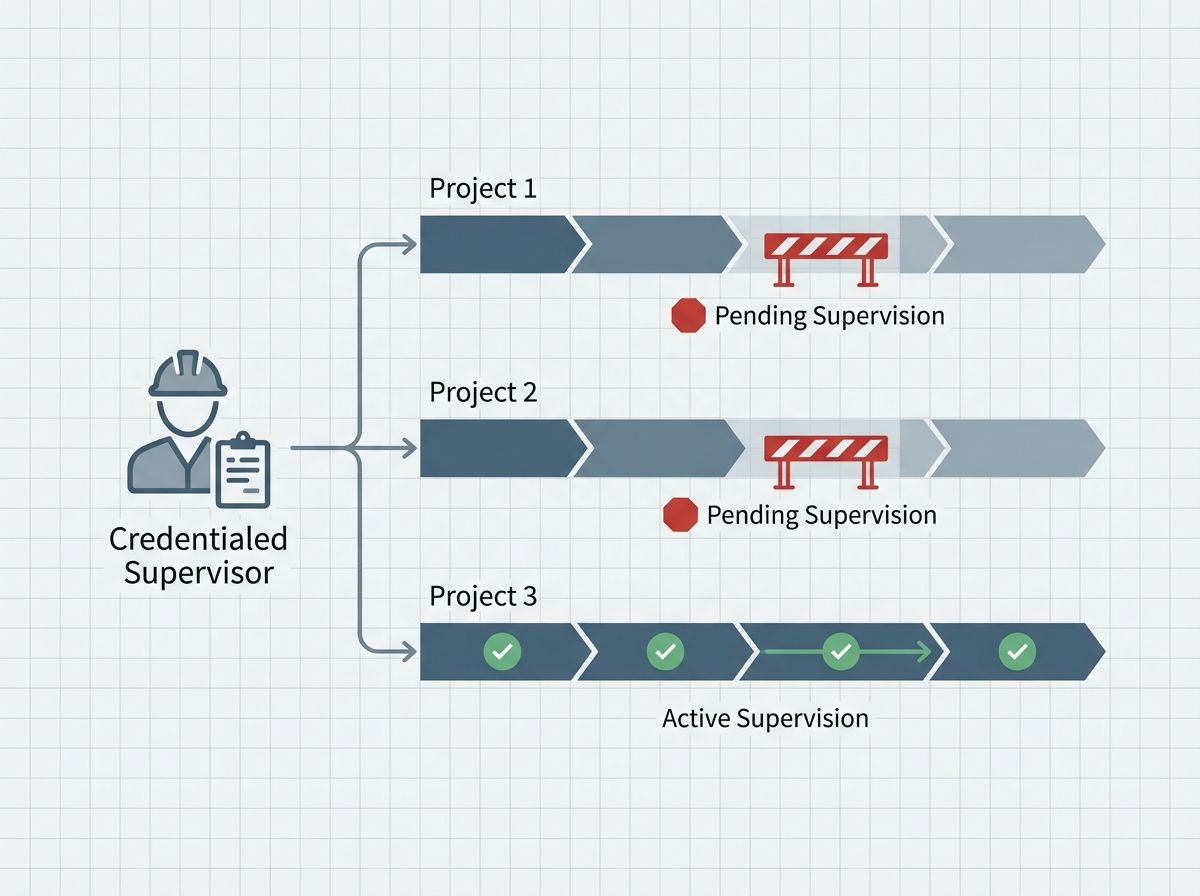 Workflow diagram showing how a single credentialed supervisor creates an operational bottleneck for multiple jobs.