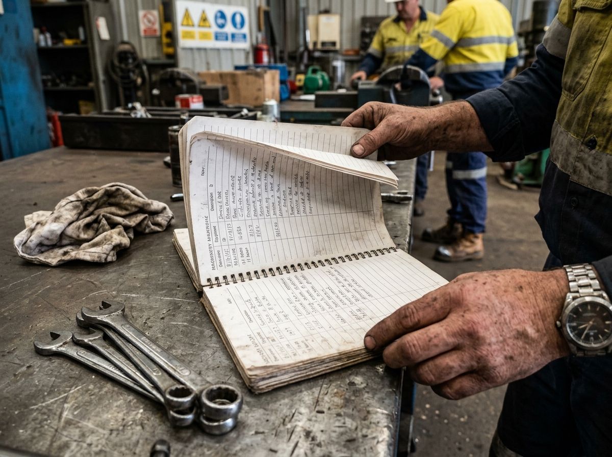 Close-up of a mechanical fitter's hand-written service logbook and tools on a workshop bench.