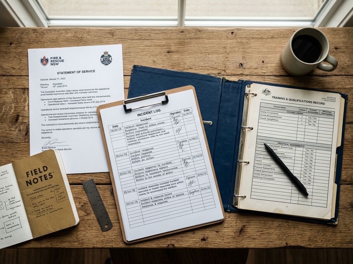 Types of evidence accepted in a Diploma of Public Safety RPL assessment including operational logs and statements of service