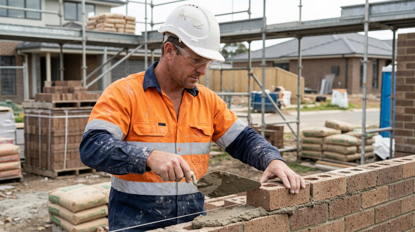 Experienced Australian bricklayer laying bricks on a residential building site.