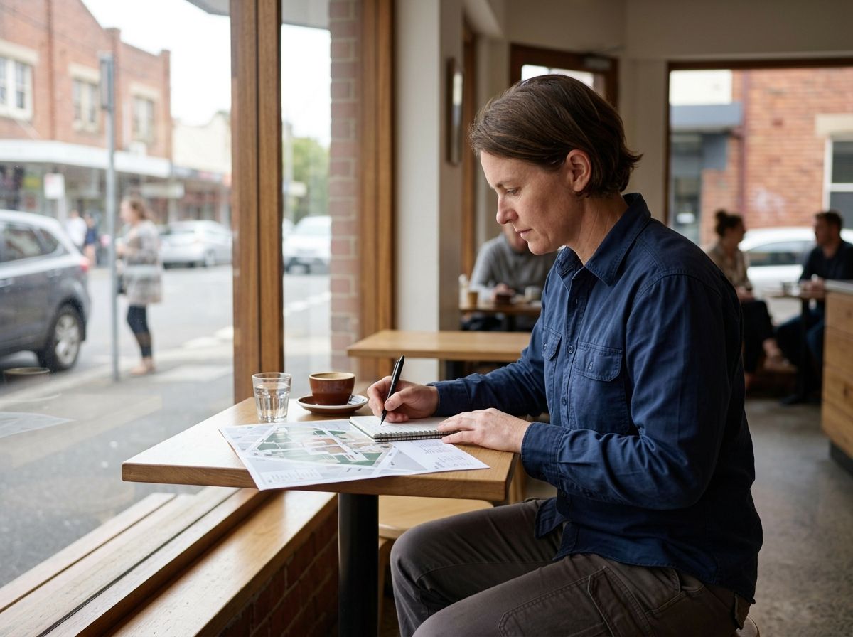A plainclothes professional analyzing a site map and planning observation at an Australian cafe.