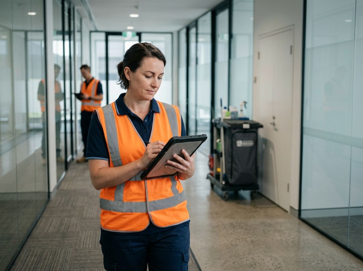 Cleaning supervisor holding a digital checklist during an active site inspection in a commercial facility.