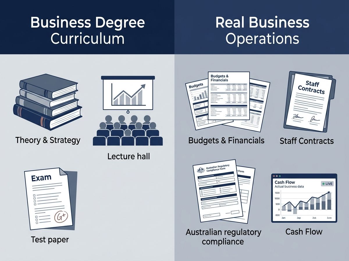 Comparison graphic mapping business degree subjects directly to real-world business operations