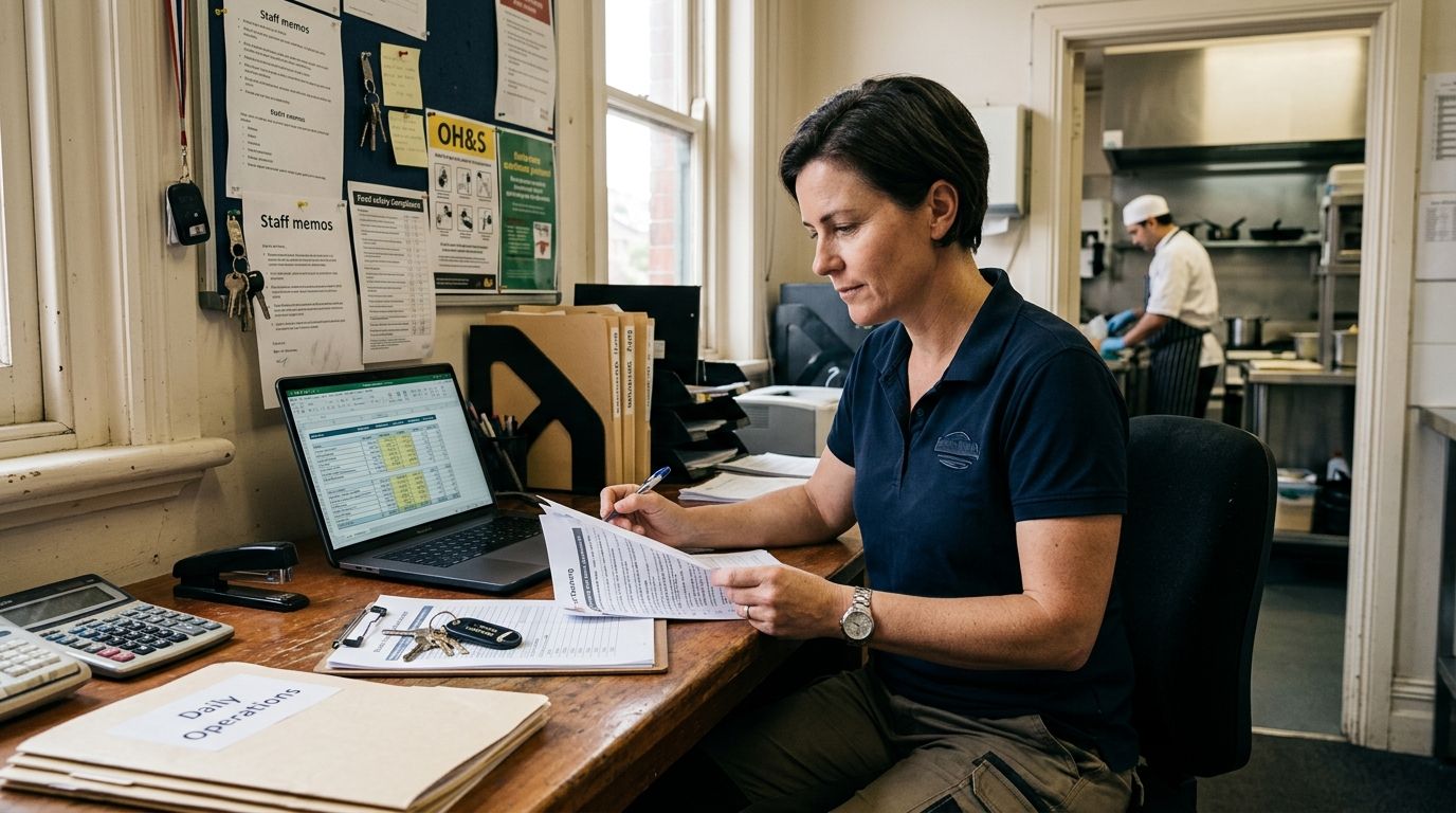 Hospitality venue manager reviewing compliance paperwork and rosters in a back-of-house office.