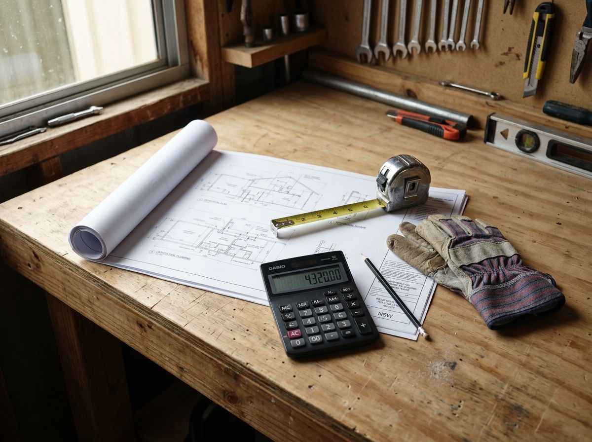 Close-up of a plumber's workbench with a calculator, tape measure, and drawings, symbolizing business planning.