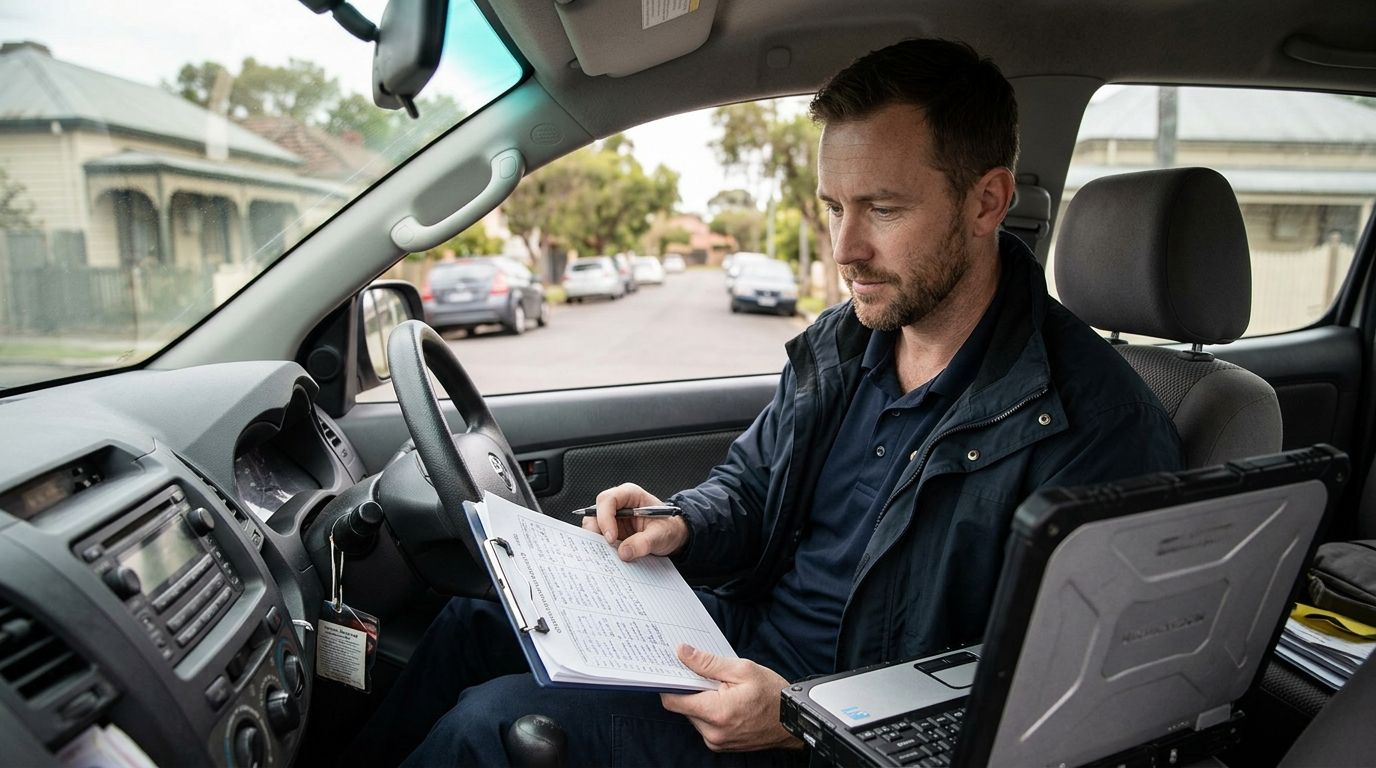 An experienced Australian security professional reviewing an operational logbook inside a parked vehicle.