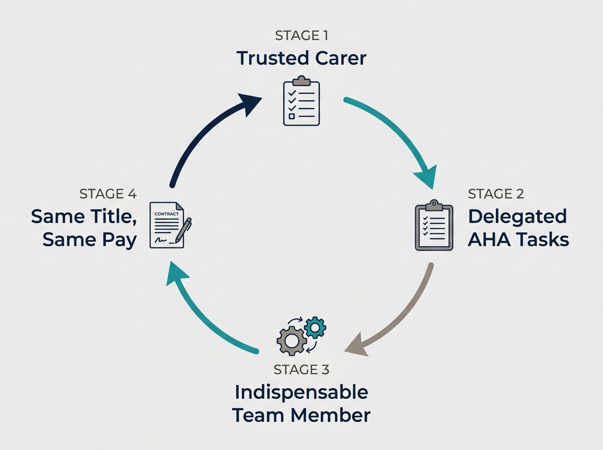 Diagram illustrating the cycle of task creep: from trusted carer to performing AHA duties without recognition.