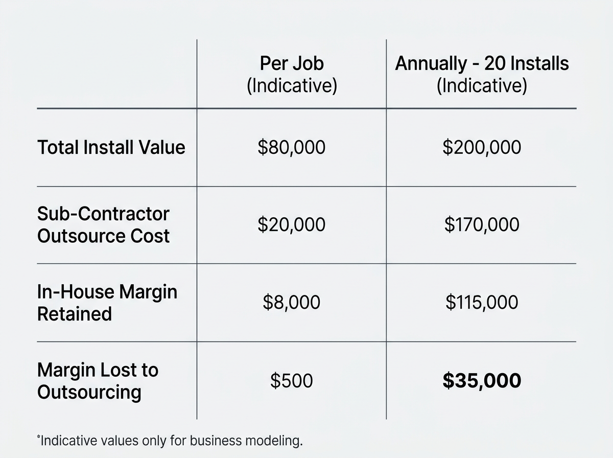 Indicative table comparing retained business margin versus margin lost to sub-contractors on split system installs.