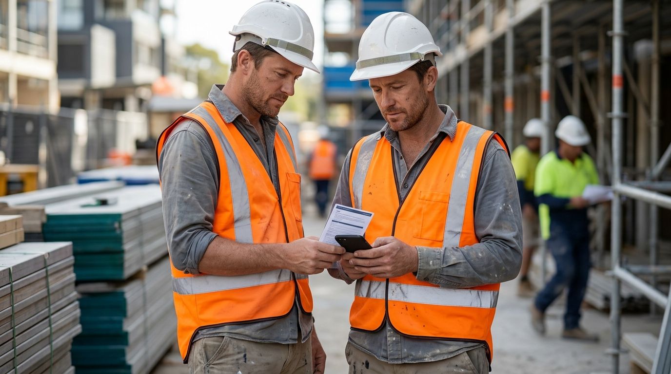 Experienced Australian tradesman on a construction site looking at his phone with a focused expression.