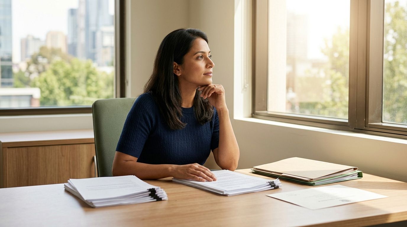 A skilled professional looking toward an open, sunlit window representing her career pathway in Australia.