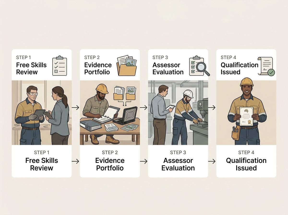A horizontal step-by-step flowchart showing the four stages of the RPL certificate assessment process.